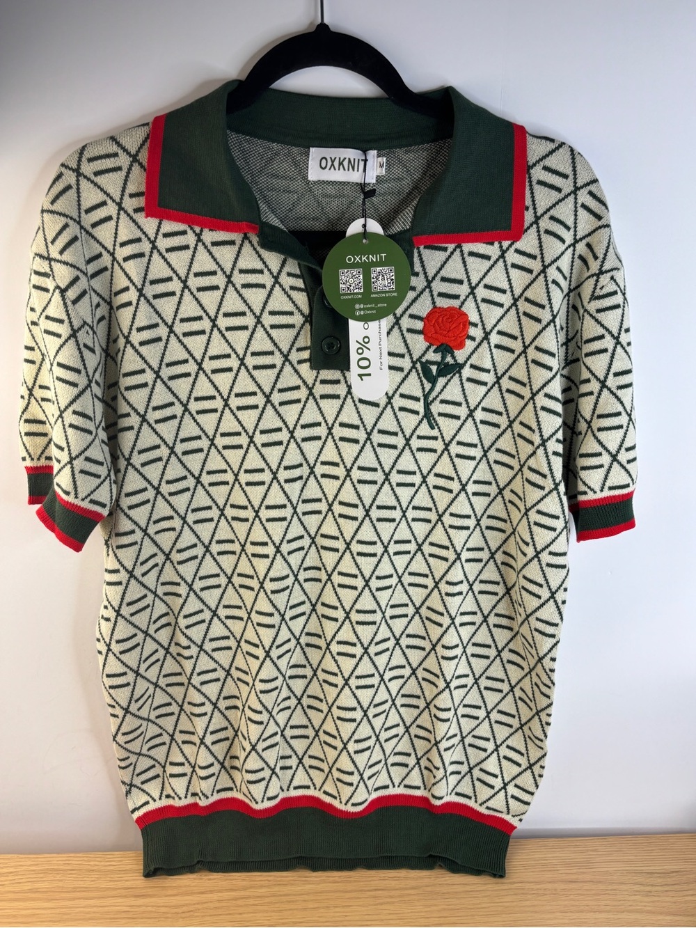 OXknit Green & Cream Geometric Polo Shirt with Red Rose Detail NWT